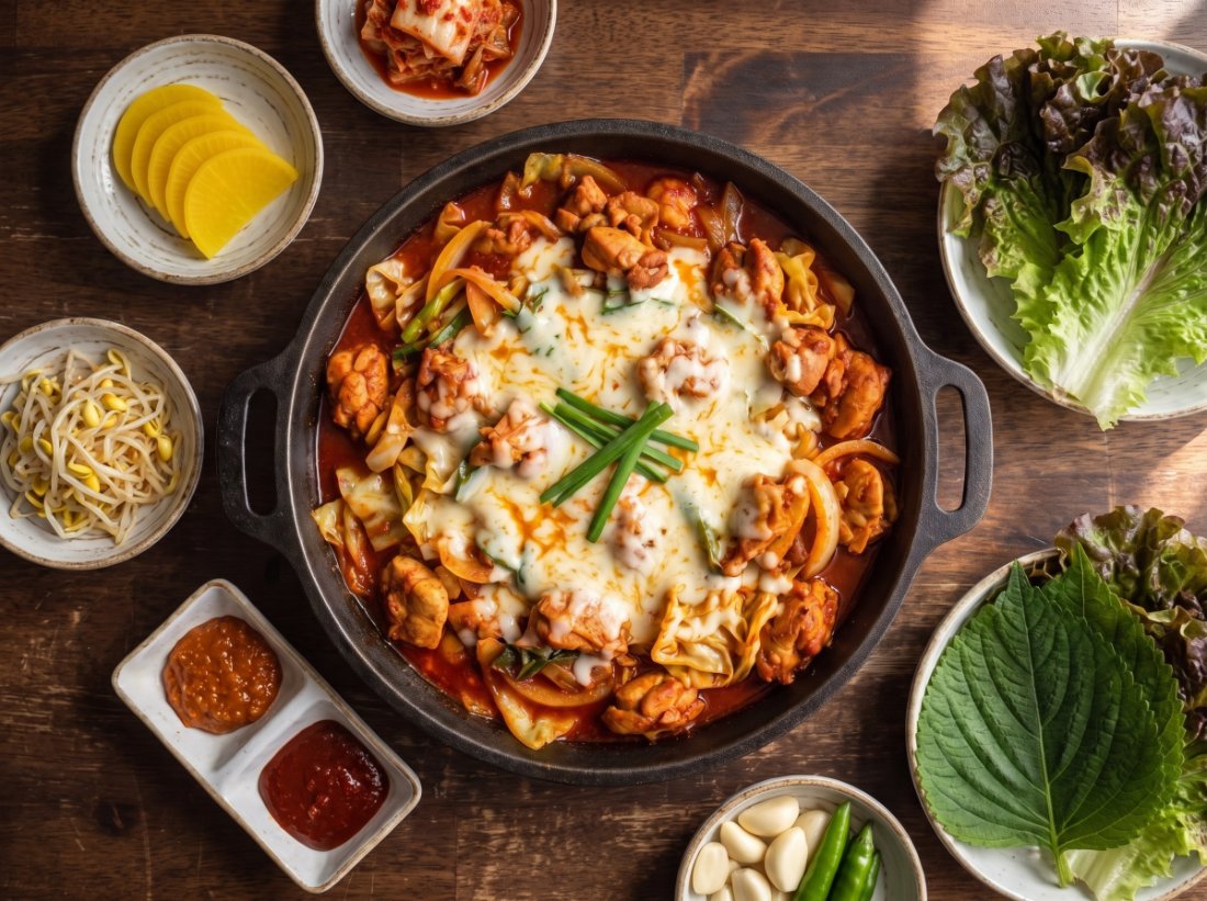 닭갈비 전문점 메뉴 모음샷 — 치즈 닭갈비와 곁들임 상차림