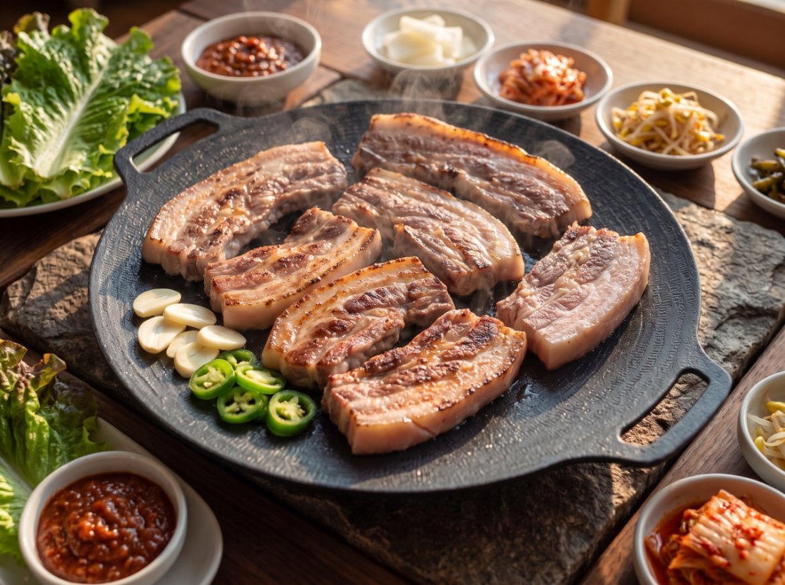 고깃집 단품 사진 — 무쇠 불판 위 삼겹살 구이